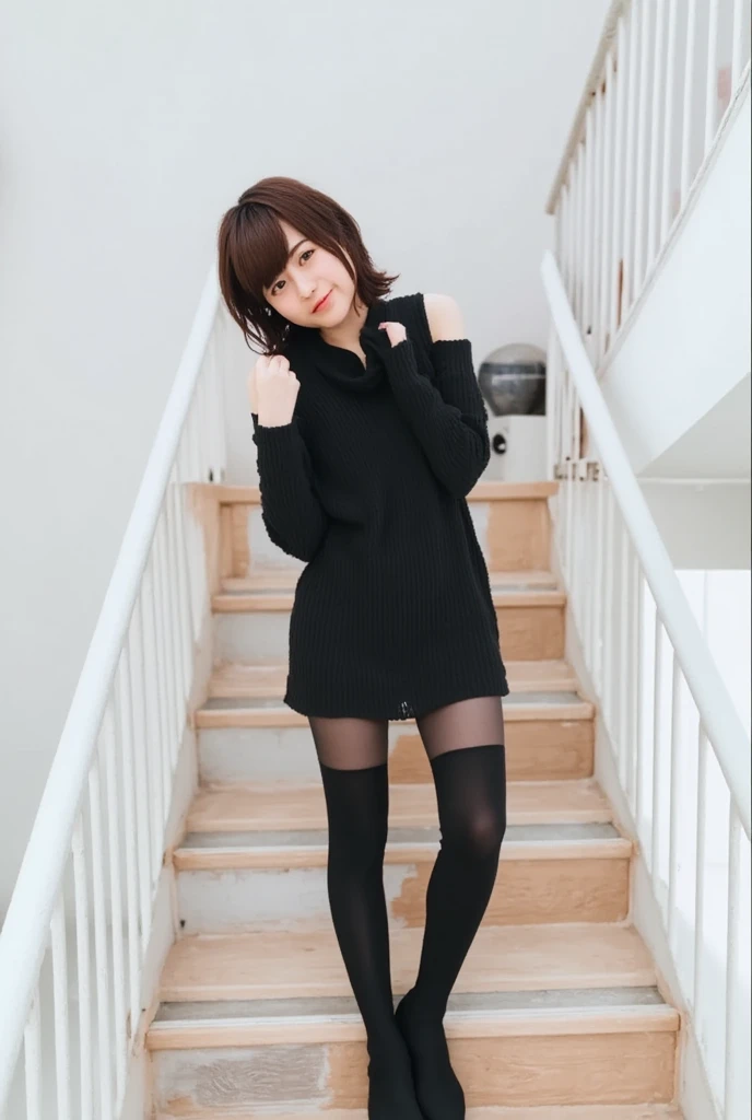 8k, RAW Photo, Best Quality, Masterpiece:1.2),(Realistic, photo-realistic:1.37), Super Detail, She is wearing no pants, black pantyhose, tight fitting black long sleeve turtleneck, She is wearing black long sleeve leggings and black pantyhose.cinematic lighting, sexy pose, monotone background, facing front, full body
