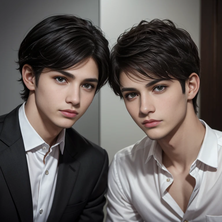 2 boys, black short hair, brown eyes, serious sharp features, white skin, a mole under the eye and a mole on the cheek, formal style.зелёный фон.