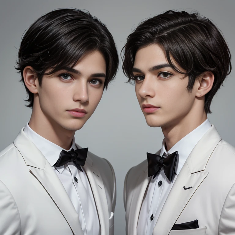 2 boys, black short hair, brown eyes, serious sharp features, white skin, a mole under the eye and a mole on the cheek, formal style.зелёный фон.