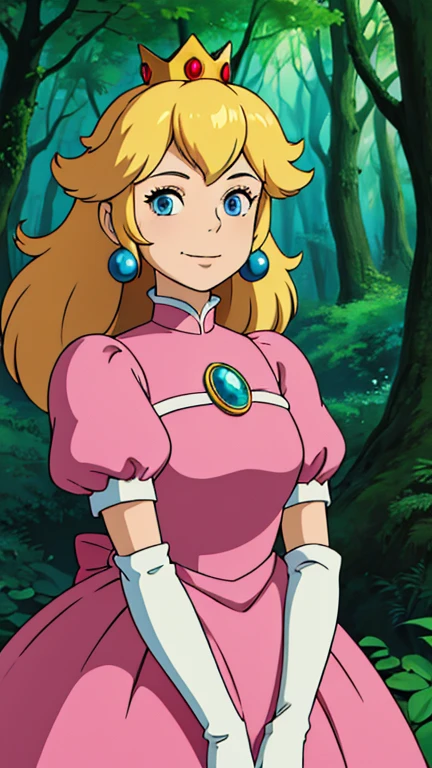 (1girl, princess peach), (extremely detailed CG unit 8k wallpaper),(master part), (best quality), (ultra detail), (best illustration),(ghibli style), cowboy shot, standing, facing viewer, looking at viewer, perfect face, perfect eyes, perfect fingers, (Sharp eyeliner, ombre, detailed eyes:1), digital art, Deep in the forest,Deep green forest,beautiful forest,Low light, break , upper body, solo, smile, (blonde hair, blue eyes, long hair, crown, dress, gem, gloves, pink dress, puffy short sleeves, puffy sleeves, short sleeves, white gloves)