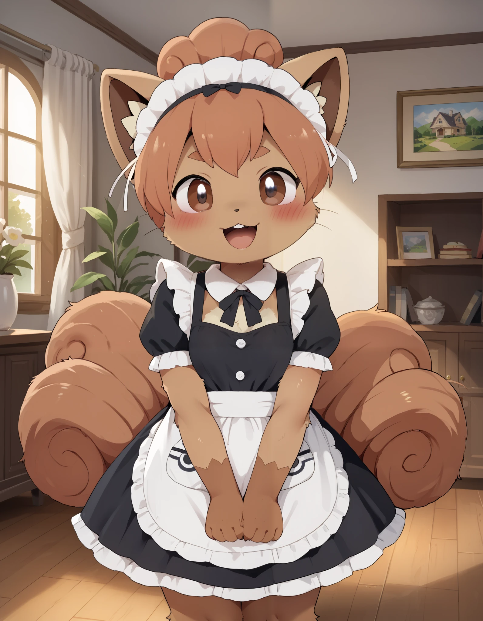 Dagashi_(Daga2626), score_9, score_8_up, score_7_up, score_6_up, rating_questionable, dagasi, body fur, anthro, (furry, anthro:1.2) (detailed fluffy fur), solo, furry female, pokemon (creature),,vulpix , cute, ,pokemon, (small breasts), ,cute, cute eyes, cute head), (beautifully detailed face, oily shiny skin), (detailed eyes, sharp eyes, clear pupils:0.8), masterpiece, happy, hands empty, smile,mouth, background living room,house,dressed, wear maid outfit,