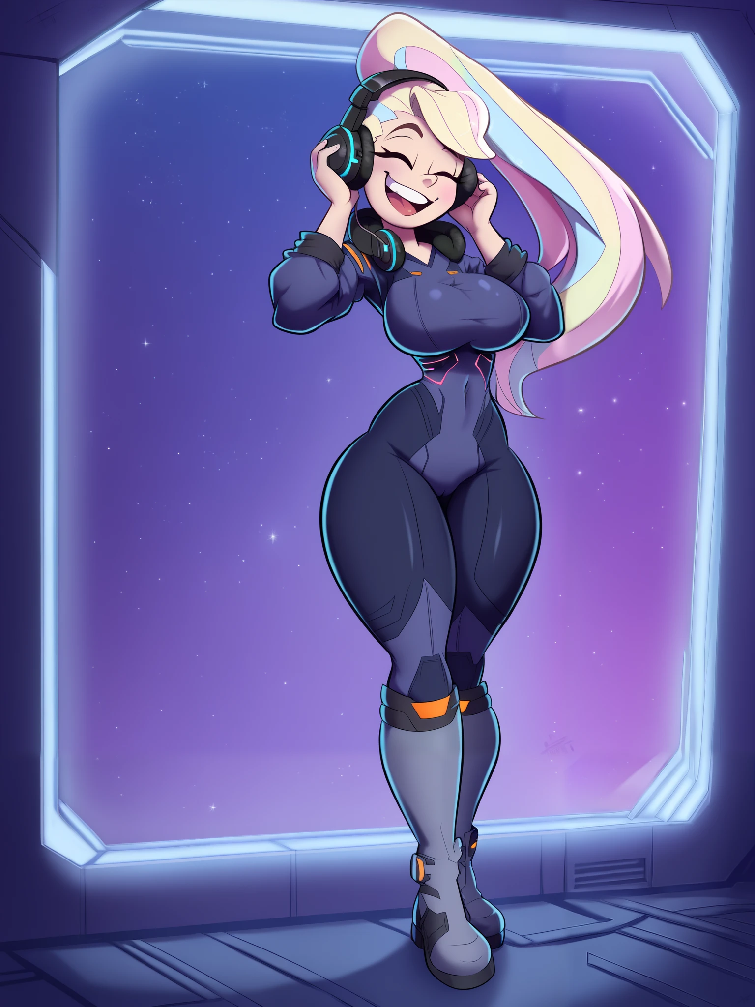 ​masterpiece:1.4, 1girl in ((30yr old, Dressed in a tight futuristic bodysuit in white and silver, long boots, huge-breasted, Multicolored blonde hair, twin ponytail, Perfect model body, Green eyes:1.4, Wearing headphones, Flirting, Happy, Big smile, Looking out the window of the futuristic sci-fi space station、While admiring the beautiful galaxy:1.2, SFSF control room on night background:1.1, Neon and energetic atmosphere:1.2)) ((Galaxy)) ((Solo:1.6))