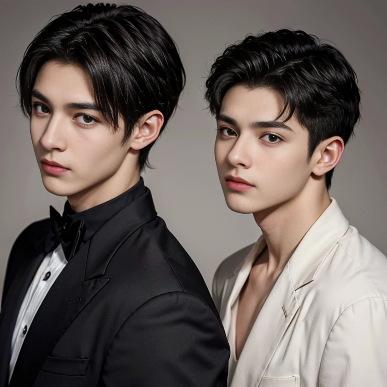 2 boys, black short hair, brown eyes, serious sharp features, white skin, a mole under the eye and a mole on the cheek, formal style.зелёный фон.