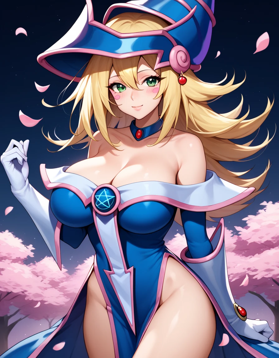 score_9_up, score_8_up, score_7_up,score_6_up, score_5_up, score_4_up , 1girl, solo, twoheads, 2heads, huge breasts, dark magician girl, blonde hair, choker, green eyes, long hair, blush, blush stickers, bare shoulders, blue footwear, blush, blush stickers, cleavage, collarbone, duel monster, hat, off shoulder, pentacle, wizard hat, silentmagician, white hair, red eyes, wizard hat, blue dress, hip vent, long sleeves, white gloves, tabard, pelvic curtain, flirting, cowboy shot, cherry blossom background