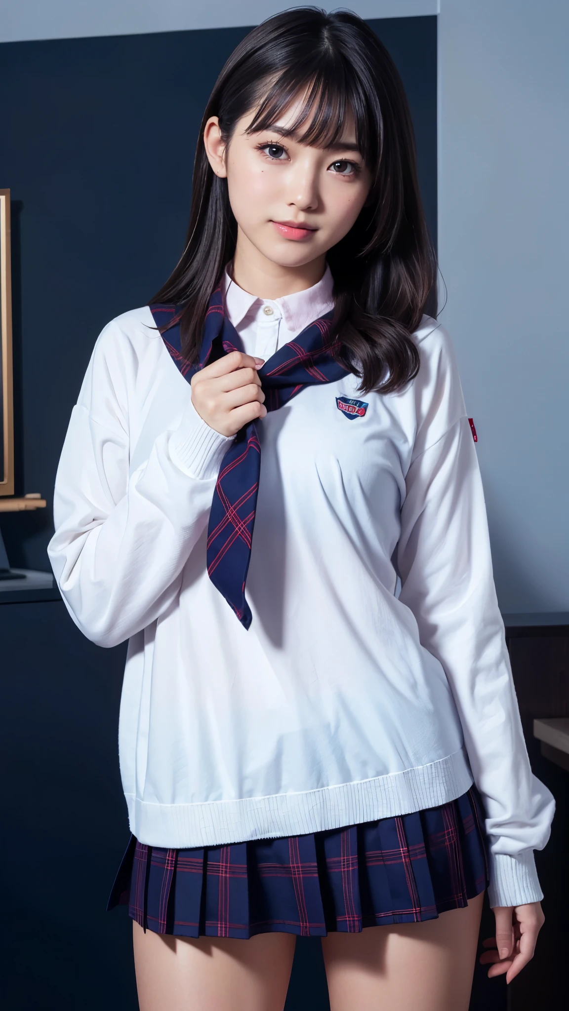 (Highest quality, 4K, 8k, High resolution, masterpiece, Genuine, Realistic, Realistic:1.3), (upper body, from below), Girl standing in a school changingroom, grin:1, phisically accurate, ((wearing white collared Uniform with blue neckerchief, dark blue sweater, dark blue plaid skirt)), ((pink striped pattern underwear)), 18-year-old, bangs, A small smile, Thighs, knees, From below, pinching skirt:0.7, open legs:0.8,