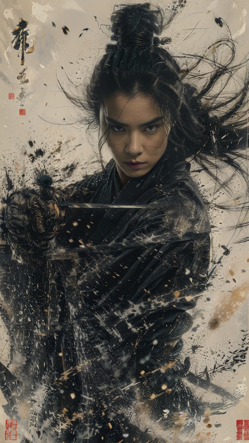 sdmai, wuxia, Chinese ink painting, artistic ink painting, Chinese martial arts films, wearing black robes, fighting posture, cinematic grandeur, splashing details, wild and powerful, solo, 1girl, black hair, weapon, sword, hair bun, looking at viewer, single hair bun, holding weapon, holding, realistic