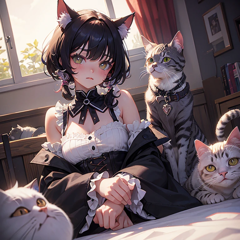Chica gato de pelo gris ojos grises y orejas grises en pose sexy sin algo de ropa
