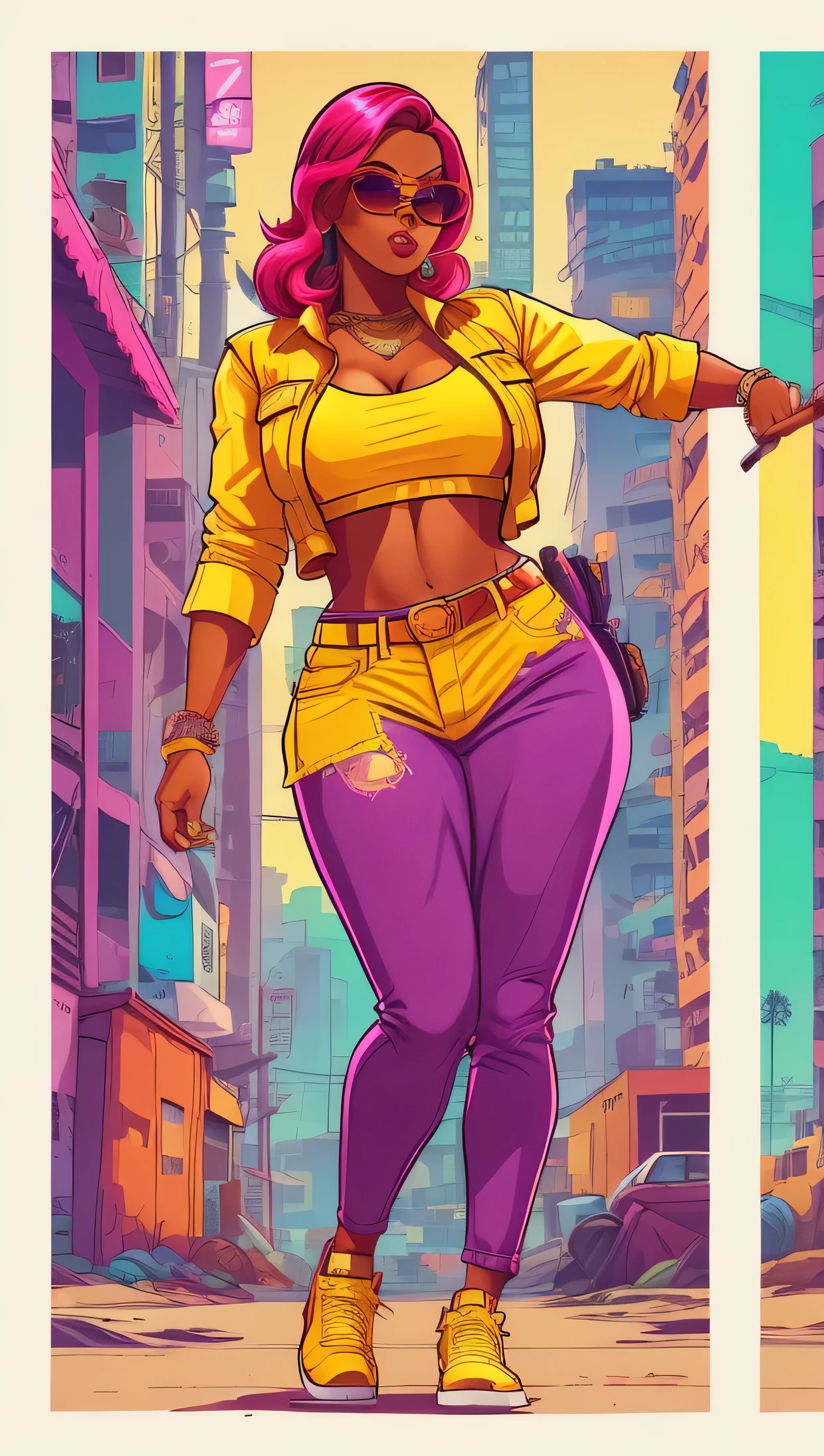 a close up of a woman in a yellow shirt and maroon pants, skinny waist and thick hips, tight attire, tight outfit, thick thigs, attractive curves, beautiful thick female, wearing red and yellow clothes, wearing tight simple clothes, wide hips, very attractive and beautiful, some red and purple and yellow, thick body, rich colourful, thick, gorgeous femaleGTA-style artwork ,(young people:1.5)Illustration, digital art, (GTA style:1.5),Art style of GTA, Art GTA bright colors, (cartoon style:1.2),(hyperdetail:1.15), glamorous style, best quality, holistic, high detail, serious,against a large metropolis, ((neon lighting)), ((Cyberpunk)),soft light,satirical,exaggerated,pop artstyle,vibrant colors,iconic characters,action-packed,((The background is an orange red city:1)),sun, coconut trees