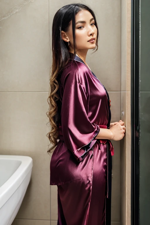 1girl, Long Hair, Looking at viewer, wearing satin red pajamas, satin black kimono as outer, lean in the wall, bathroom, cloth wet, body wet, High Resolution, Accurate