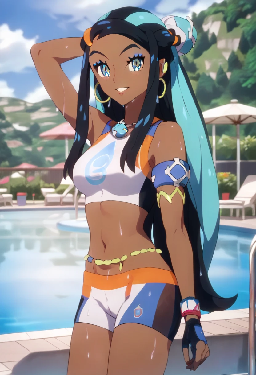 (Masterpiece, Ultra-high resolution, 8k, High Quality, Top quality, High-Detailed, Detailed CG, Cinematic Shadow:0.5, Beautiful Detailed Eyes, Ultra Resolution, Depth of Field, High Resolution, Masterpiece: 1.2), (Anime Art style), (cowboy shot), (day:1.4), (poolside:1.6), 1girl, solo, ChopioNessa, black hair, aqua hair, multicolored hair, two-tone hair, long hair, single hair bun, white hair ornament, sidelocks, orange hair beads, blue eyes, eyelashes, makeup, blue eyeshadow, hoop earrings, earclip, looking at viewer, dark-skinned female, mature female, outfit_1, necklace, white crop top, sleeveless, bare shoulders, blue armband, gold armlet, dynamax band, midriff, navel, belly chain, single glove, black glove, partially fingerless glove, gym shorts, white sandals, medium breasts, beautiful breasts, smile, wet, arms behind head, 