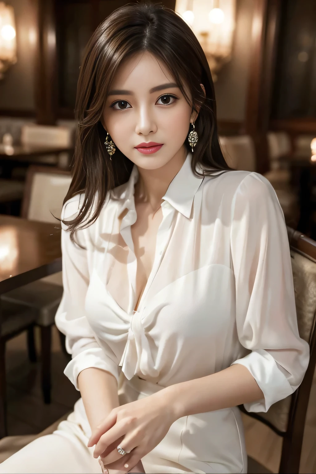 masterpiece, Highest quality, Realistic, Very detailed, Finer details, High resolution, 8k wallpaper, One beautiful woman, Wear an elegant white see-through shirt, In a great restaurant, At night, Light brown messy hair, Perfect dynamic composition, Beautiful and beautiful eyes、Big earrings、Sit on a chair、