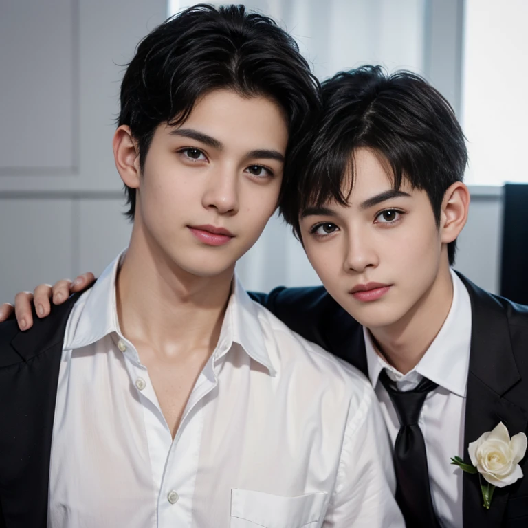 2 boys, black short hair, brown eyes, serious sharp features, white skin, a mole under the eye and a mole on the cheek, formal style.зелёный фон.grin bacgraund