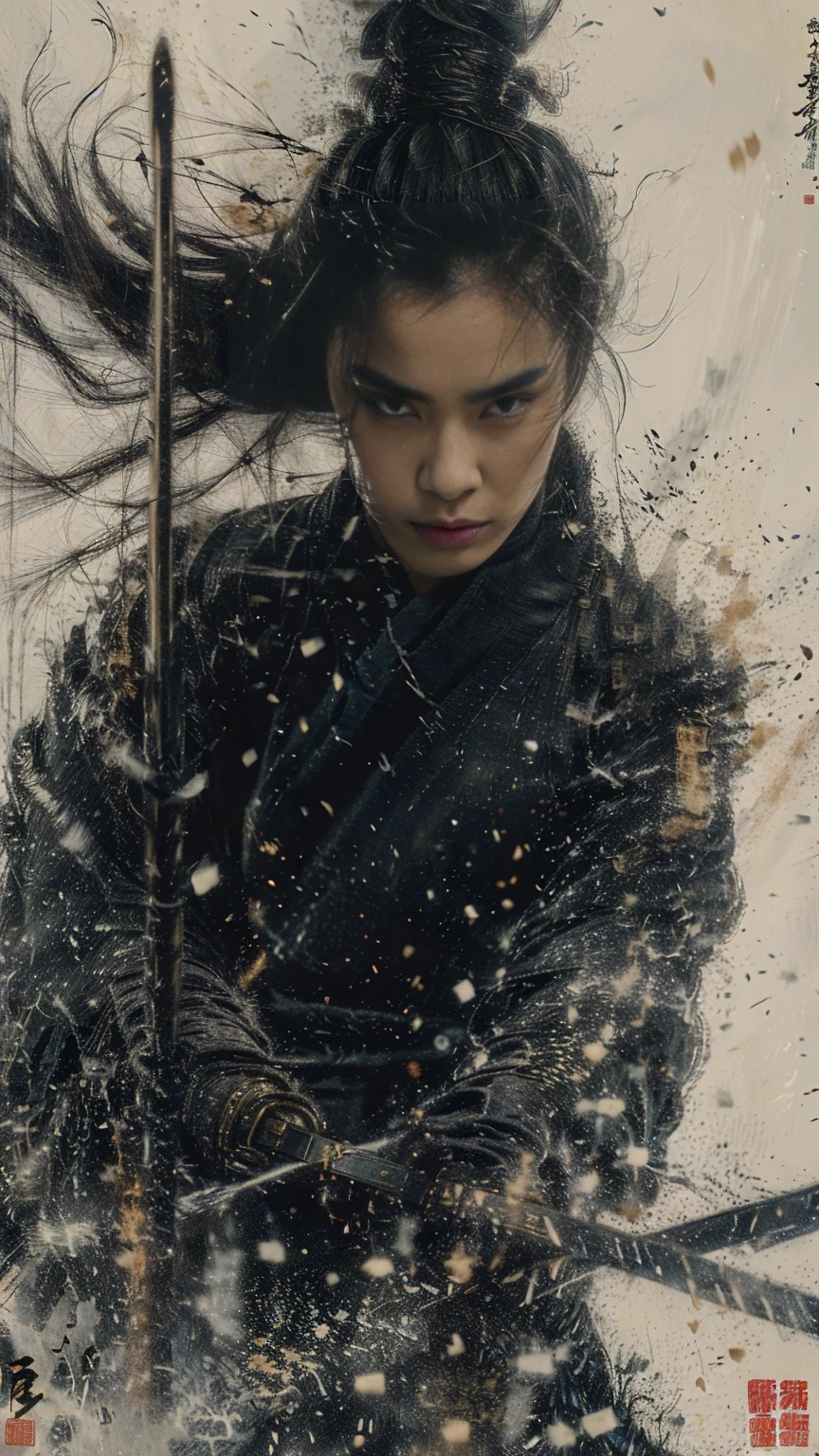 sdmai, wuxia, Chinese ink painting, artistic ink painting, Chinese martial arts films, wearing black robes, fighting posture, cinematic grandeur, splashing details, wild and powerful, solo, 1girl, black hair, weapon, sword, hair bun, looking at viewer, single hair bun, holding weapon, holding, realistic