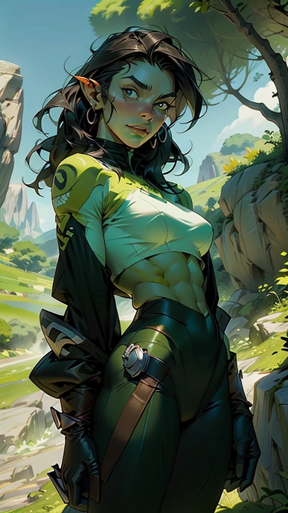 orc, green colored skin, mature orc girl, abs, toned,  short black hair, thorn clothes,

((very green skin,green colored skin,very green colored skin,green skin,green face))

(dynamic pose:1.0),(centered,scale to fit dimensions,Rule of thirds,cowboy shot),

mountain scenery:1.25,((stone scenery)),

((best quality)), ((masterpiece)), (detailed), Realistic Shadows, Detailed skin, Very detailed, highly detailed face, Perfect face shape, Perfect lips, Perfect nose, Watching Viewer, Best Quality, (intense colors), ((3d)),
