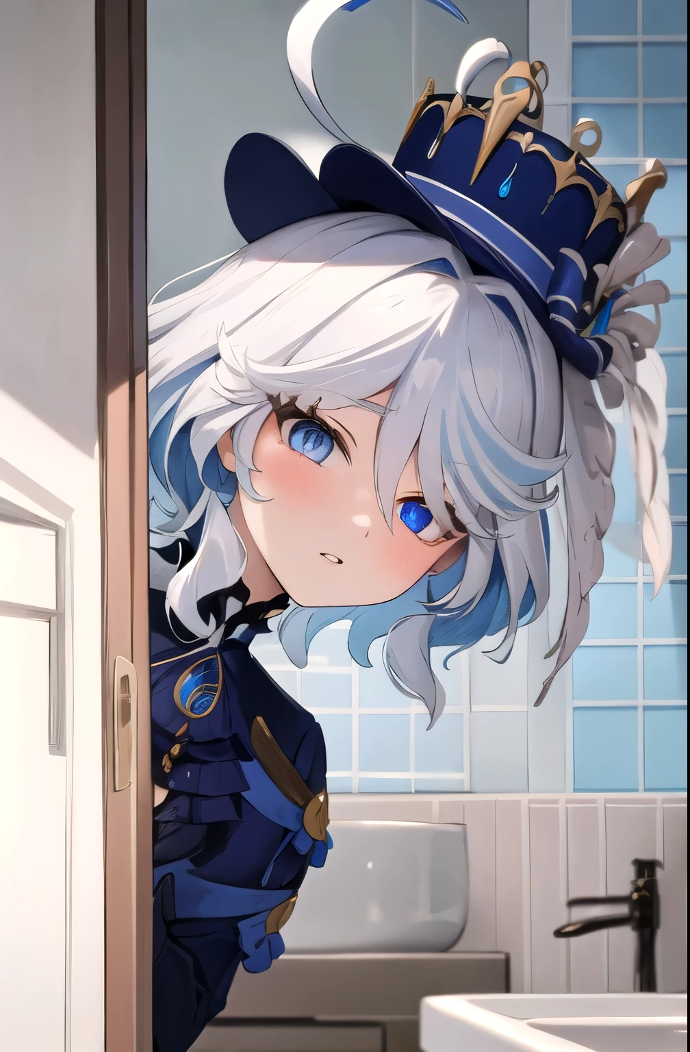 (masterpiece, best quality, detailed), 1girl, solo, looking at viewer, furina, ahoge, long hair, blue eyes, hair between eyes, white hair, streaked hair, blue hair, heterochromia, sleepy, nightcap, indoors, bathroom, tile wall, sink, bathtub, peeking out upper body, opening door, parted lips, blush, (naked) 