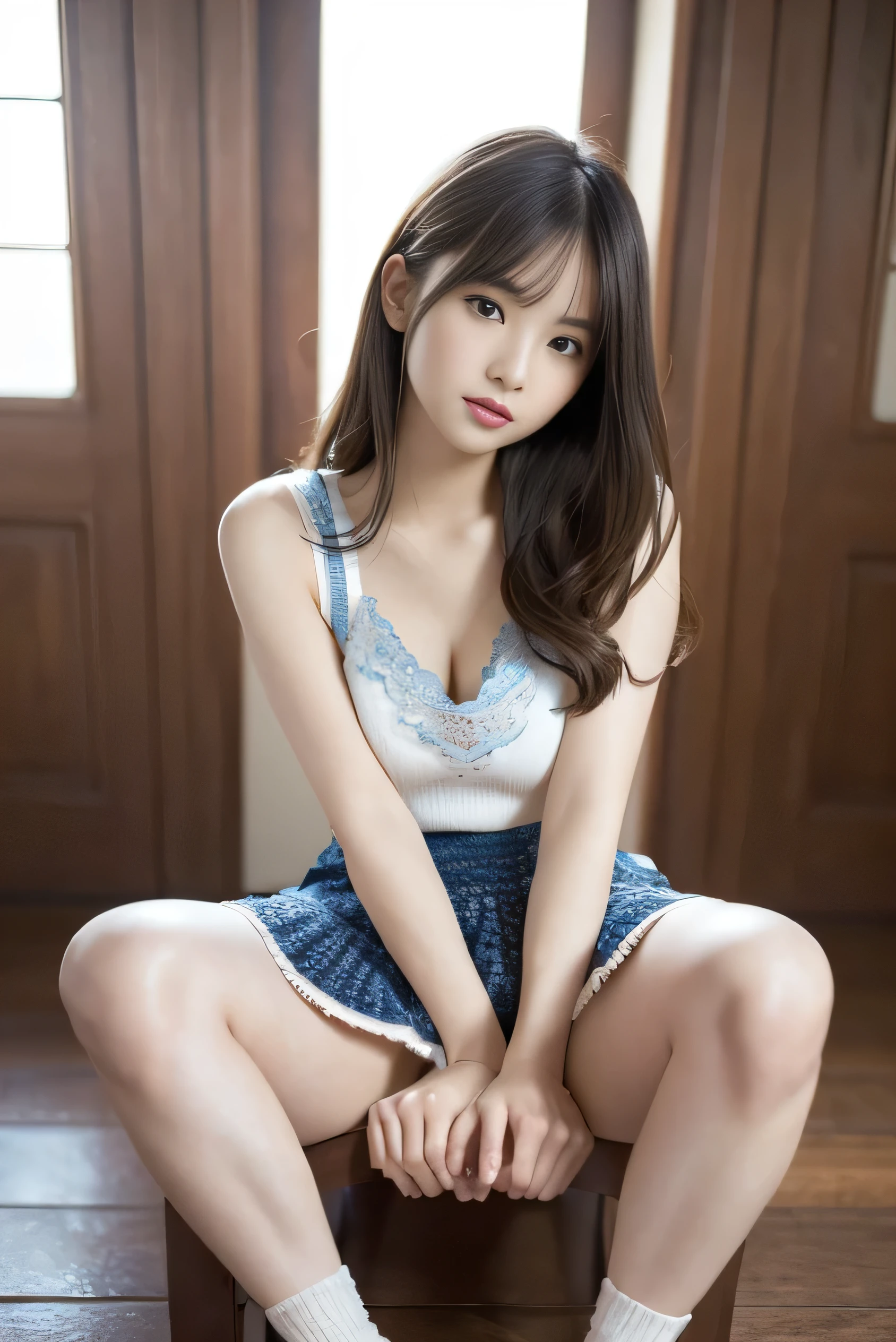 top-quality,((((a beauty girl)))),a very cute、Face like a ,Brown hair,Light hair color,straight haired,slender, Petite and tall girl、Girl with perfect body proportions with long legs，Young teen lender girl, petite and lean girl(A hyper-realistic) , (illustratio), (Increase the resolution), (8K), (ighly detailed), (The best illustrations), (Beautiful detailed big eyes), (best qualtiy), (ultra-detailliert), (​masterpiece), (wall-paper), (详细的脸),(((((Wearing a short pleated mini skirt in ocean dark blue with white plaid pattern on the lower body))))),(((((Exposed bust sticks out))))),((((Beautiful skin exposed)))),(((((Wearing a torn white shirt on the upper body))))),(((((The chest is visible))))),(((((Exposed breasts))))),((((((Show viewers white panties))))))，Sweating,Drenched,((Full limbs)),complete fingers,((((((((very lean slim thin thighs)))))))),((((((very lean slim thin legs)))))),((((((Raw feet))))),(((((The chest is visible))))),(((((Exposed breasts))))),(((((teats))))),(((Nipple protrusions))),((((The crotch is visible)))),Beautiful Large Breasts,Wet texture,Beautiful Large Breasts,prison,prison,(((torture))),Cuffed,BDSM、((((tied with rope)))),(((((((Hands hanging from the ceiling))))))),(((((((be caught))))))),Crying,(((showing chest)))