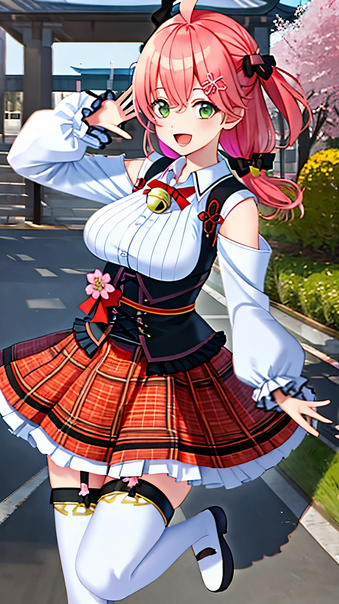 masutepiece, Best_Quality, hight_resolution, miko2,Ponytail, 1girl, Ahoge, black headwear, Hair Ornament, White shirt, black thighhighs, Pink hair, Red_skirt, very_short_skirt, plaid skirts, garter_strap, Collared shirt, hair clips, frilld, Bangs, hair between eye, frills skirt, beret, Pleated skirt, Hair Flower, Neck bell, , puffy long sleeves, Black bow, Underbust, Smile, large_breasts,covered_nipples, green_eyes, happy, dynamic_angle,apart_legs,(big_smile:1.2),plump,open_mouth,shout,half_eyes,cherryblossom_park_landscape_background,