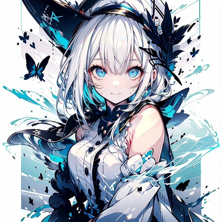 white hair and light blue hair, ahoge, shiny hair, floating hair, half updo, sailor hat, mole under eye, mismatched pupils, light smile, smile, anime, anime style, character chart, tachi-e, from above, UHD, retina, masterpiece, accurate, anatomically correct, super detail, high details, high quality, award winning, best quality, highres, 1080P, 16k,sailor hat is a hat worn by sailors. Also, a 's hat that imitates this. The top is flat and has no eaves, with a ribbon wrapped around the edge and the end hanging behind.She wears clothes called sailor uniforms, which are tops with distinctively shaped large collars called sailor collars. It is a military uniform for sailors and is used by the navies of various countries.she is on a large warship called a battleship, which has great offensive and defensive power.