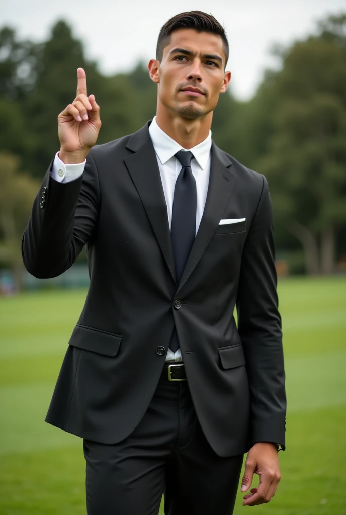 Full body portrait of Ronaldo in a suit, extremely detailed skin, pointing up to the sky, in the park, blurred background.