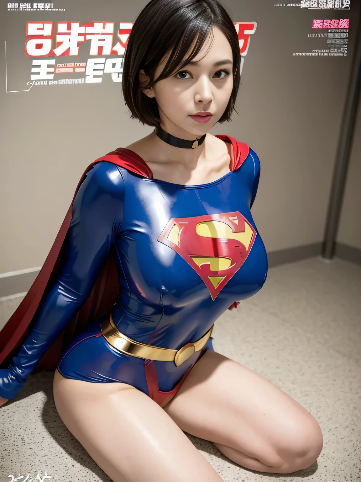 masterpiece、Rubber Supergirl Costume、short hair、Rubber Long Boots、Big and ample breasts、looking at the camera、choker、Long sleeve、Red cloak、mini skirt、Off the shoulder、Sweaty skin、Hospital room、Photo magazine cover、During treatment、Sit down and show off your beautiful legs、Knee-length boots、