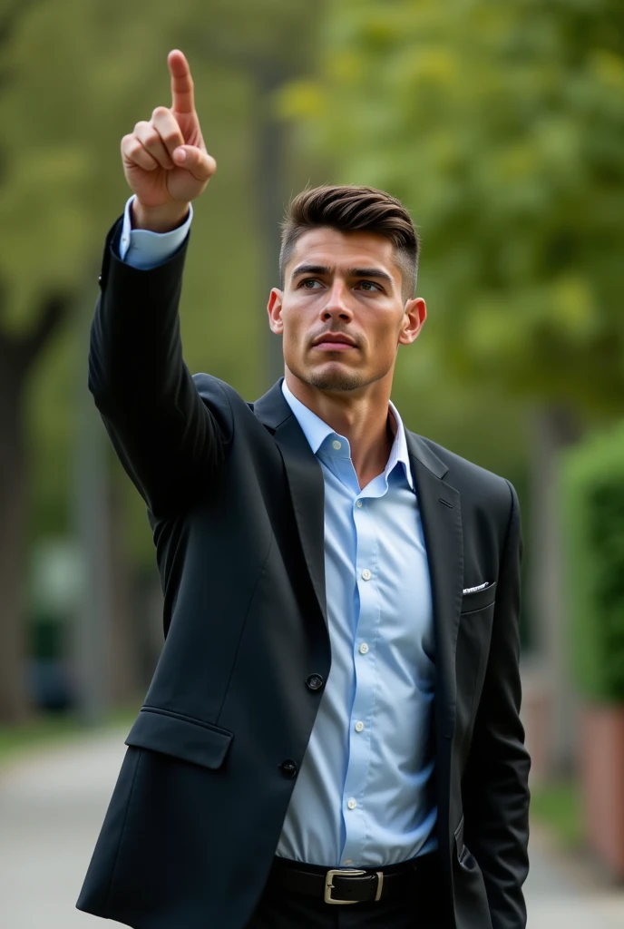 Full body portrait of Ronaldo in a suit, extremely detailed skin, pointing up to the sky, in the park, looking away, blurred background.