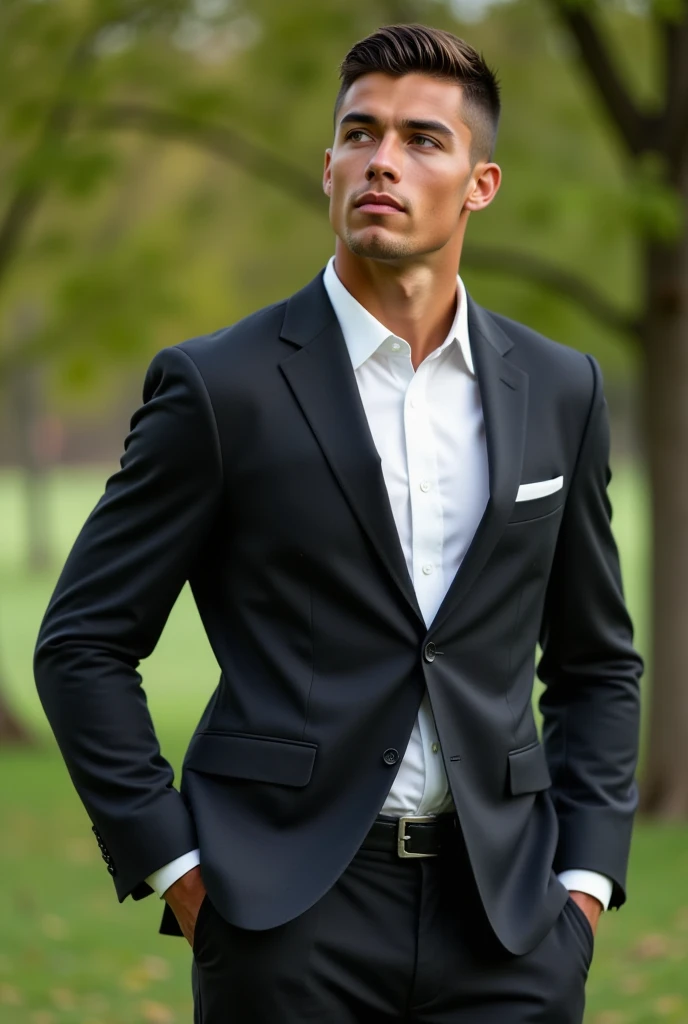 Full body portrait of Ronaldo in a suit, extremely detailed skin, pointing up to the sky, in the park, looking intensely at viewer, blurred background.