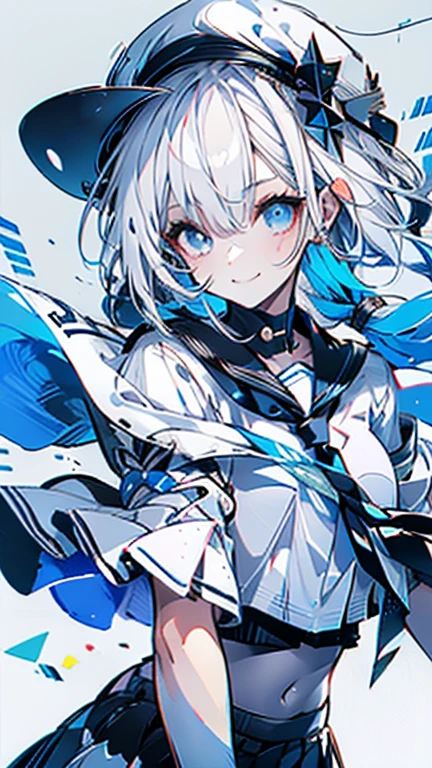 white hair and light blue hair, ahoge, shiny hair, floating hair, half updo, sailor hat, mole under eye, mismatched pupils, light smile, smile, anime, anime style, character chart, tachi-e, from above, UHD, retina, masterpiece, accurate, anatomically correct, super detail, high details, high quality, award winning, best quality, highres, 1080P, 16k,sailor hat is a hat worn by sailors. Also, a 's hat that imitates this. The top is flat and has no eaves, with a ribbon wrapped around the edge and the end hanging behind.She wears clothes called sailor uniforms, which are tops with distinctively shaped large collars called sailor collars. It is a military uniform for sailors and is used by the navies of various countries.she is on a large warship called a battleship, which has great offensive and defensive power.