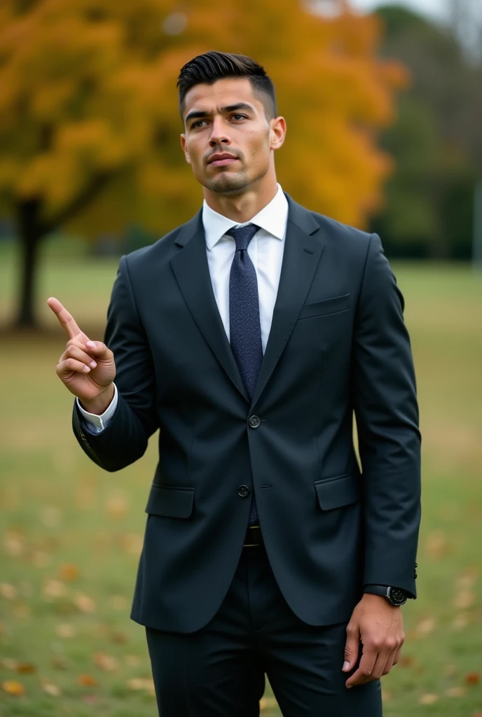 Full body portrait of Ronaldo in a suit, extremely detailed skin, pointing up to the sky, in the park, shouting at viewer,  blurred background.