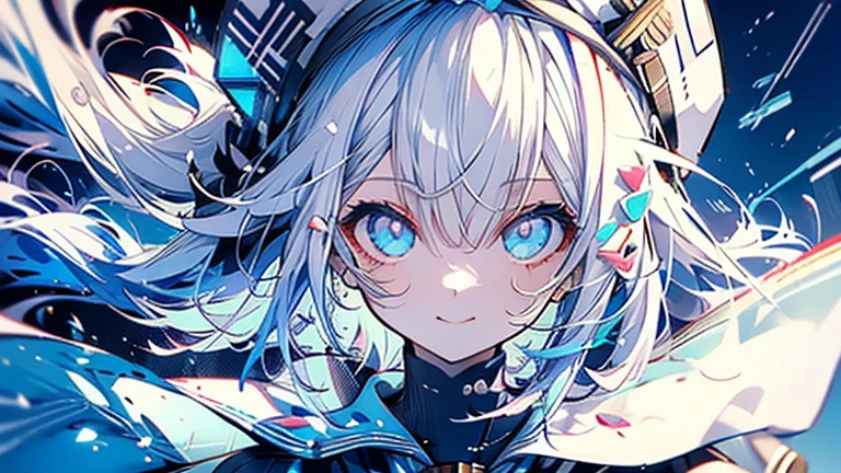 white hair and light blue hair, ahoge, shiny hair, floating hair, half updo, sailor hat, mole under eye, mismatched pupils, light smile, smile, anime, anime style, character chart, tachi-e, from above, UHD, retina, masterpiece, accurate, anatomically correct, super detail, high details, high quality, award winning, best quality, highres, 1080P, 16k,sailor hat is a hat worn by sailors. Also, a 's hat that imitates this. The top is flat and has no eaves, with a ribbon wrapped around the edge and the end hanging behind.She wears clothes called sailor uniforms, which are tops with distinctively shaped large collars called sailor collars. It is a military uniform for sailors and is used by the navies of various countries.she is on a large warship called a battleship, which has great offensive and defensive power.