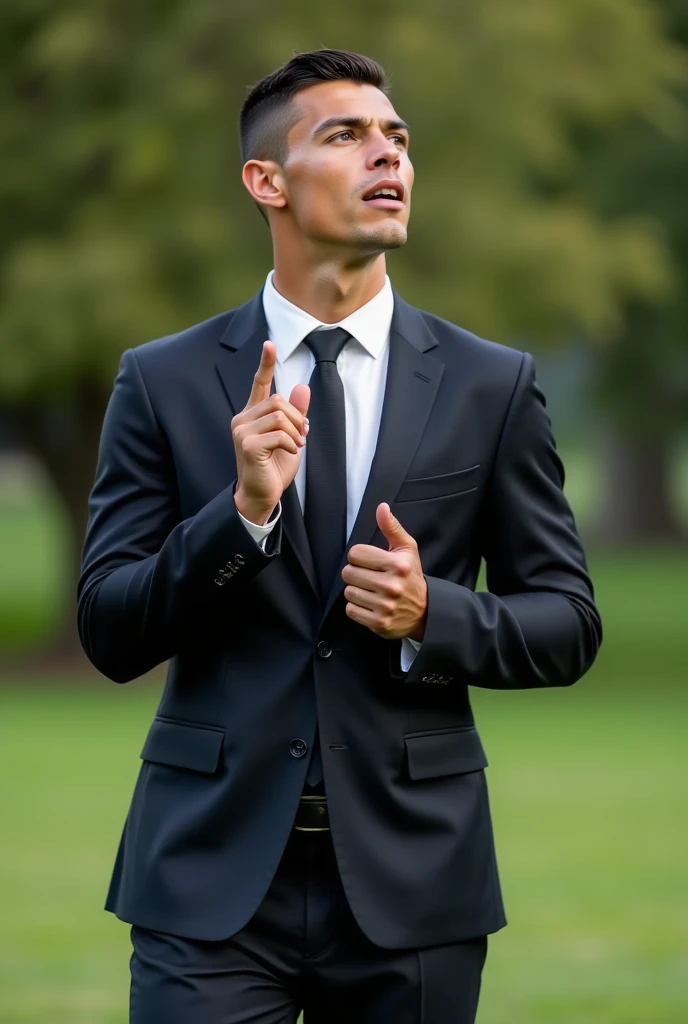 Full body portrait of Ronaldo in a suit, extremely detailed skin, pointing up to the sky, in the park, shouting at viewer, blurred background.