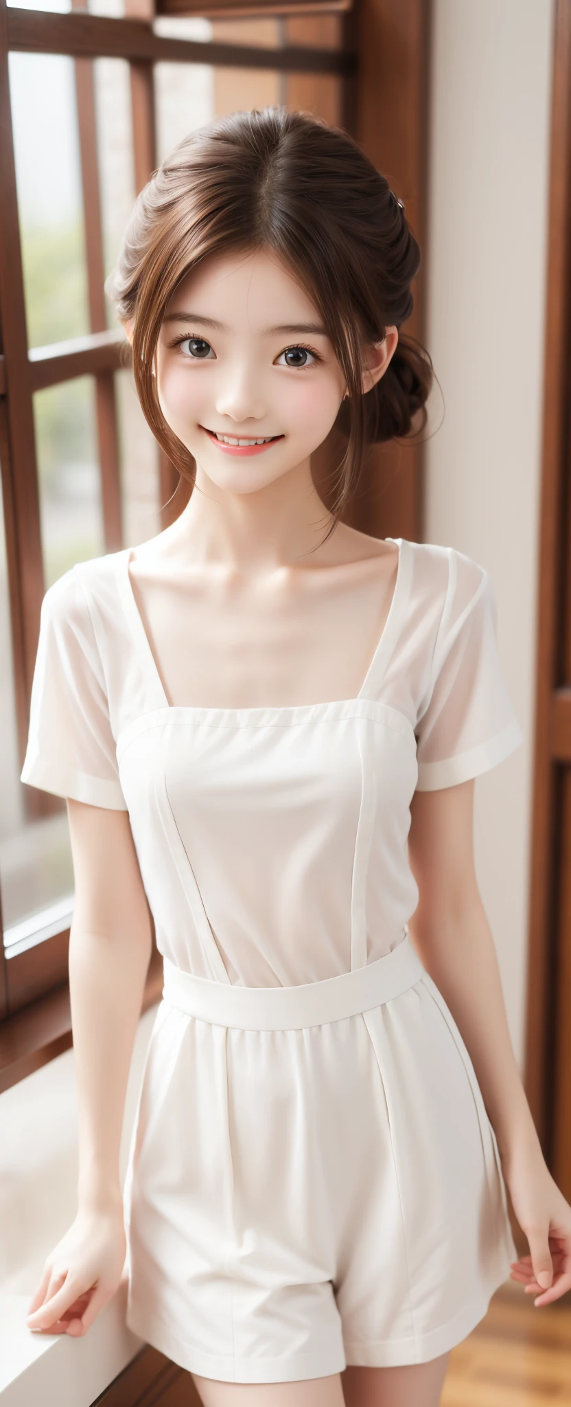 Maid,cute pretty girl,masterpiece,high definition,4k,8k,16k,chignon hair,brown hair,skinny,thin body,smile