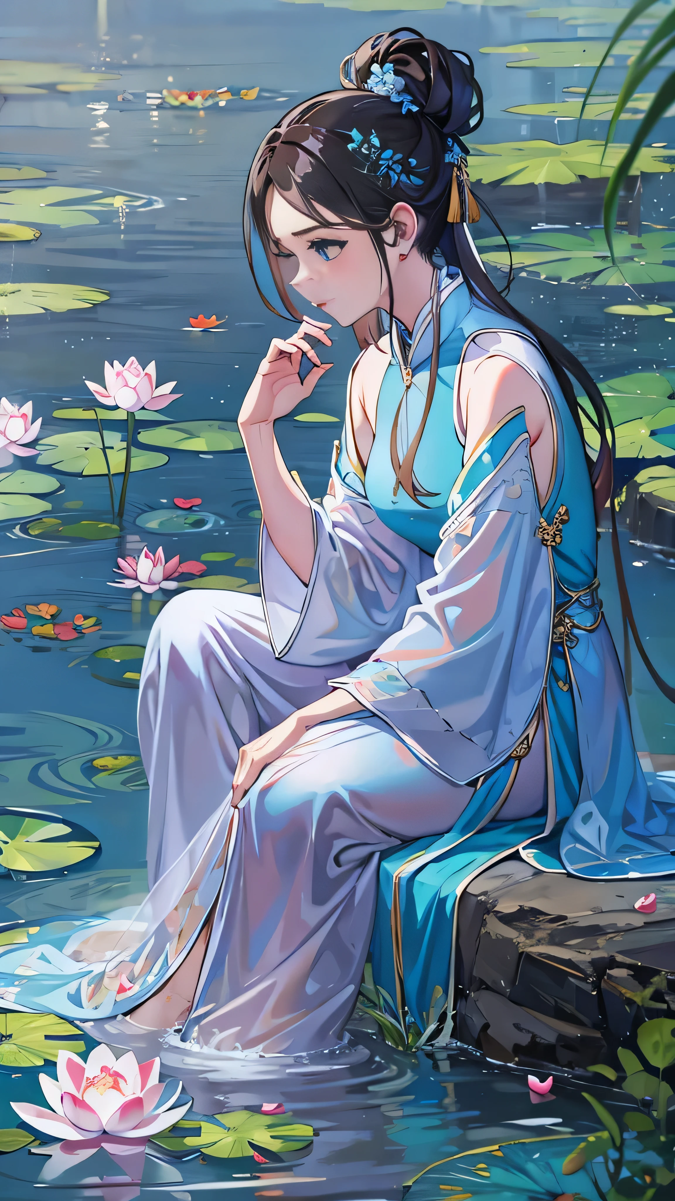 There is a blue dress, 16 long legs,  woman wearing a blue cheongsam sitting on a rock in the water, Standing gracefully on a lotus flower, celestial beauty, Unvolume , court, Girl in Hanfu, Unvolume , Summer is full of fairies, In the pond, White Hanfu, Beautiful young spiritual person, A loose dress, light blue,  hair behind ears   