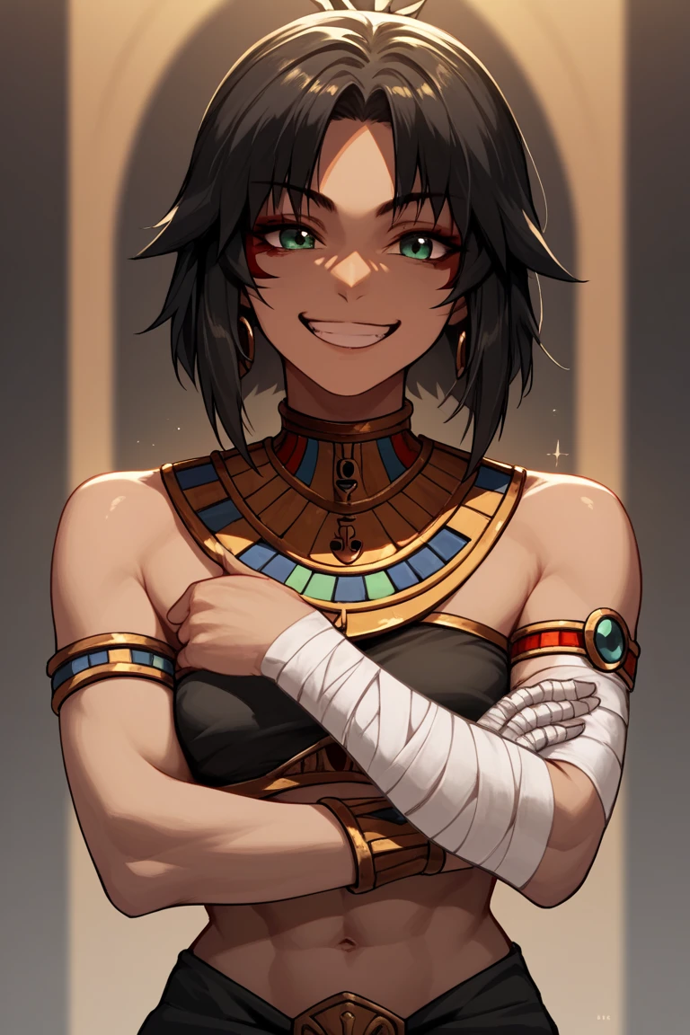 Woman,tan skin,captivating deep green eyes, devoted eyes. Chestnut brown short hair. Volumptious body. Covered in bandages like a mummy. Revealing clothes, . Golden circlet. Giggling. Evil smile, egyptian style clothing, egyptian style hairstyle