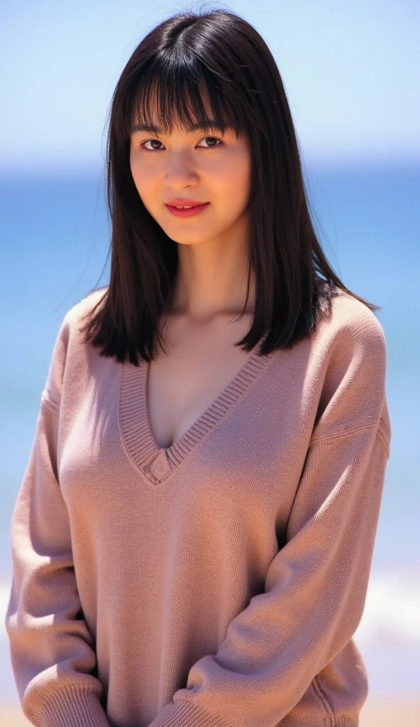 (((Mika, 1girl, solo, full body))), 8k, raw photo, perfectly focused, best focus, realistic skin texture, masterpiece, highest quality, photorealistic, V-neck sweater, seaside