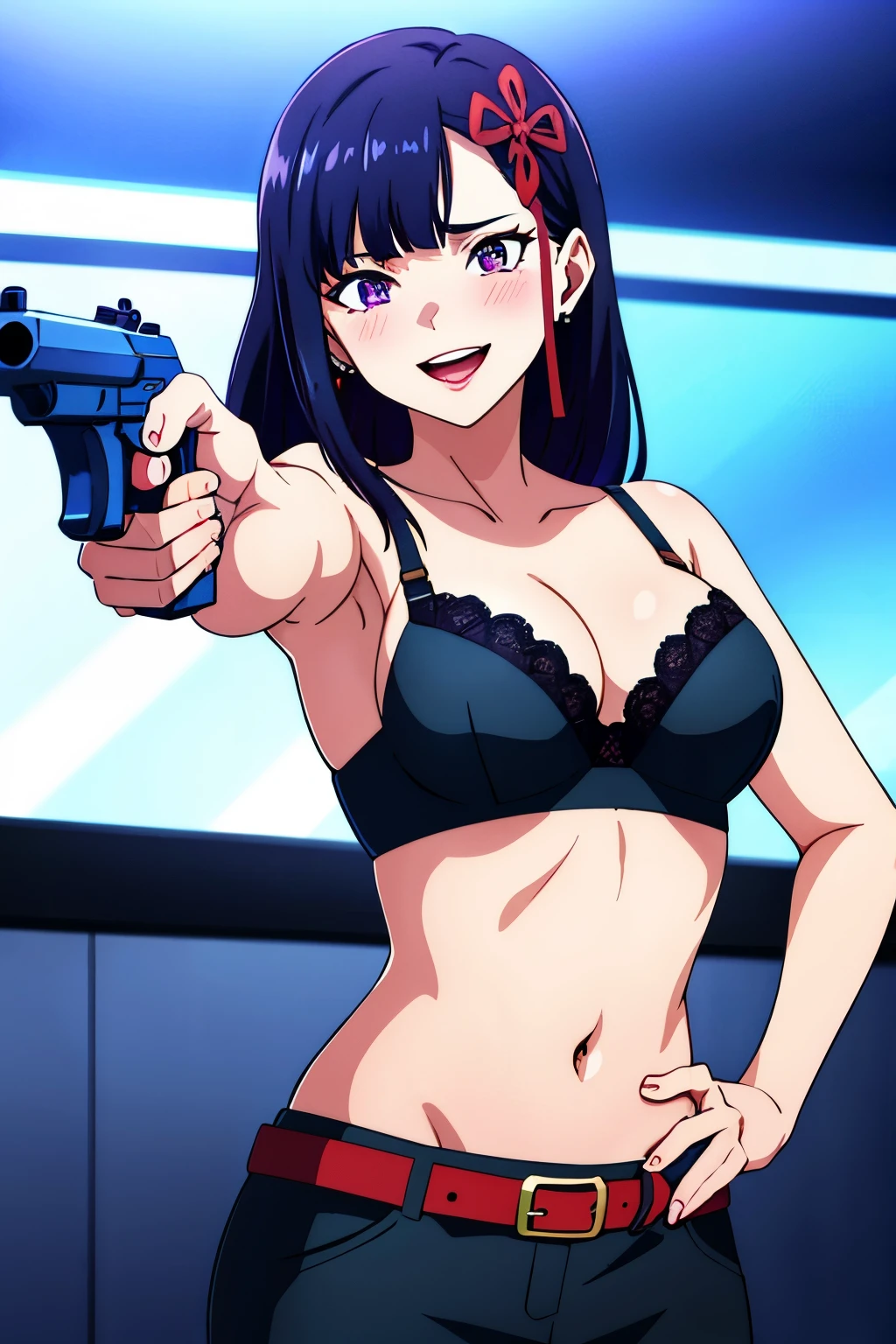 (((pixel-perfect, detail-perfect))), solo, 1girl, hair ornaments, long hair, black hair, blue eyes, medium chest, akebi komichi, Imperial Guard Combat Uniform Swimsuit, o-ring bikini, v gundam, swimsuit, absurdres, highres, solo, cowboy shot, 1girl, neneka nibrou \(cosplay\), wristband, headphone, holster, backpack, holding gun, aiming, perfect hands, wind, medium breast, (((blood on clothes, blood on face))), evil smile, evil grin, gore