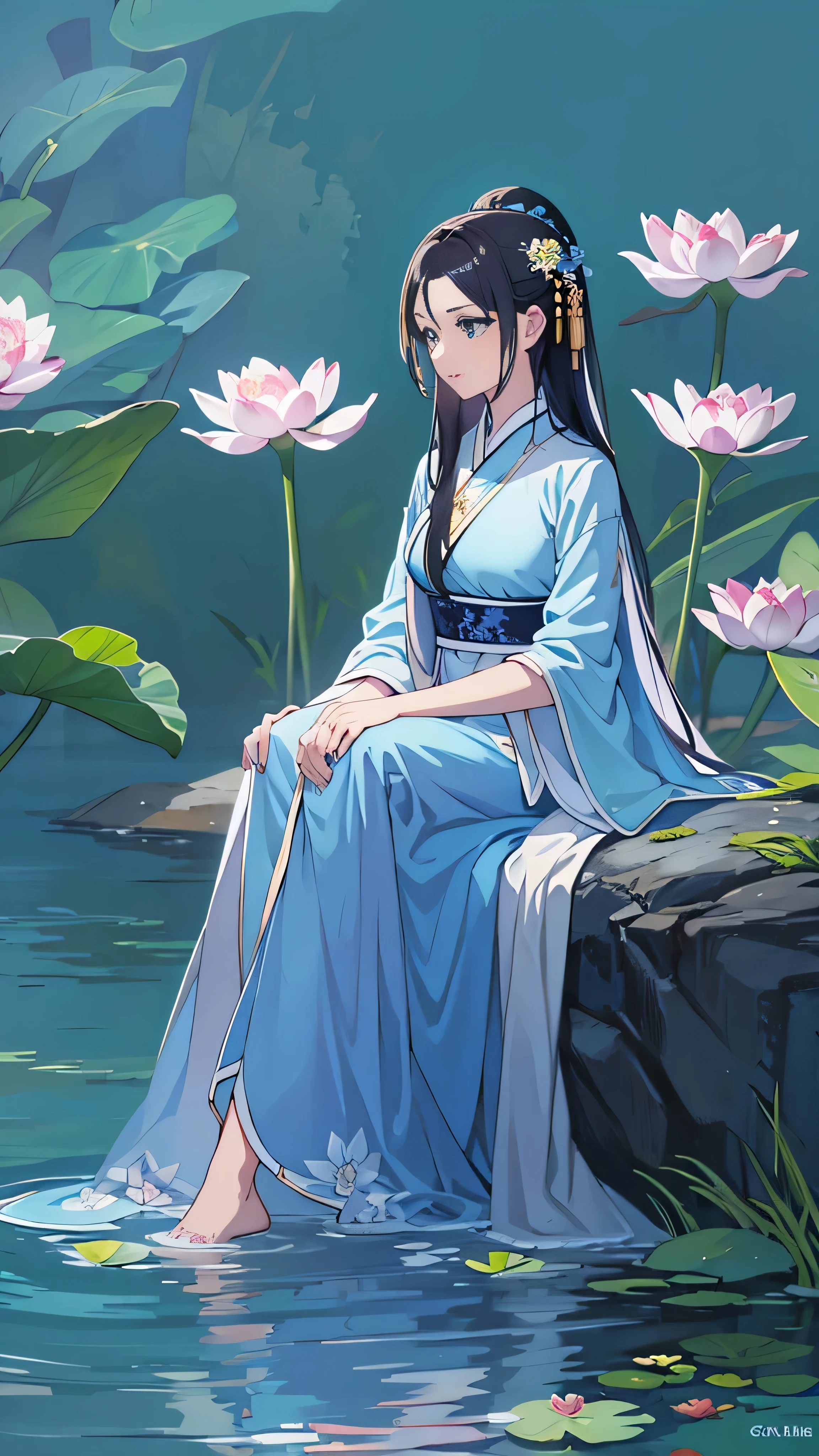 There is a blue dress, 16 long legs,  woman wearing a blue cheongsam sitting on a rock in the water, Standing gracefully on a lotus flower, celestial beauty, Unvolume , court, Girl in Hanfu, Unvolume , Summer is full of fairies, In the pond, White Hanfu, Beautiful young spiritual person, A loose dress, light blue,  hair behind ears   