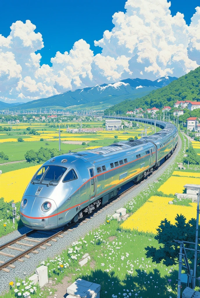 A majestic scene of a modern train gliding through a picturesque countryside. The train, sleek and metallic, reflects the golden hues of a setting sun as it moves along the tracks cutting through vast, rolling fields of green and yellow. Wildflowers bloom along the edges of the tracks, and distant farmhouses with red-tiled roofs dot the horizon. Towering mountains and a clear blue sky with soft, wispy clouds add grandeur to the scene. The motion of the train creates a dynamic contrast to the serene rural surroundings, embodying progress and nature in harmony."

