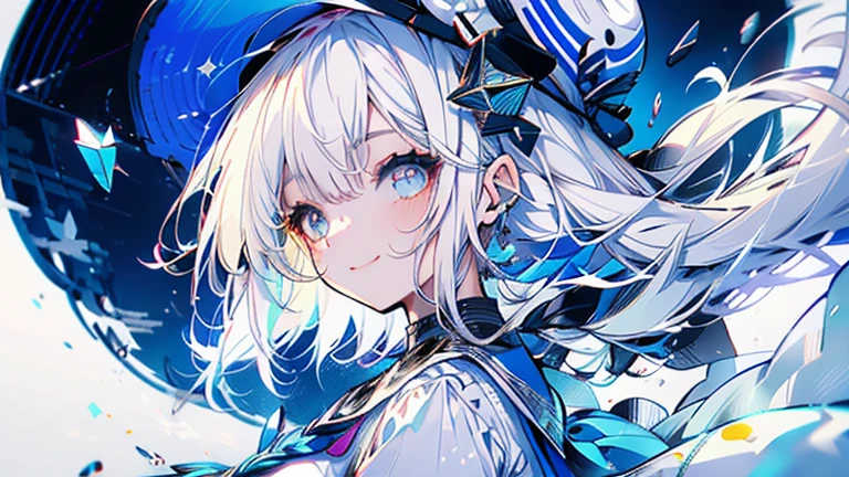 white hair and light blue hair, ahoge, shiny hair, floating hair, half updo, sailor hat, mole under eye, mismatched pupils, light smile, smile, anime, anime style, character chart, tachi-e, from above, UHD, retina, masterpiece, accurate, anatomically correct, super detail, high details, high quality, award winning, best quality, highres, 1080P, 16k,sailor hat is a hat worn by sailors. Also, a 's hat that imitates this. The top is flat and has no eaves, with a ribbon wrapped around the edge and the end hanging behind.She wears clothes called sailor uniforms, which are tops with distinctively shaped large collars called sailor collars. It is a military uniform for sailors and is used by the navies of various countries.she is on a large warship called a battleship, which has great offensive and defensive power.