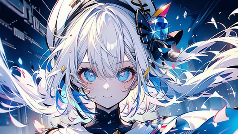 white hair and light blue hair, ahoge, shiny hair, floating hair, half updo, sailor hat, mole under eye, mismatched pupils, light smile, smile, anime, anime style, character chart, tachi-e, from above, UHD, retina, masterpiece, accurate, anatomically correct, super detail, high details, high quality, award winning, best quality, highres, 1080P, 16k,sailor hat is a hat worn by sailors. Also, a 's hat that imitates this. The top is flat and has no eaves, with a ribbon wrapped around the edge and the end hanging behind.She wears clothes called sailor uniforms, which are tops with distinctively shaped large collars called sailor collars. It is a military uniform for sailors and is used by the navies of various countries.she is on a large warship called a battleship, which has great offensive and defensive power.