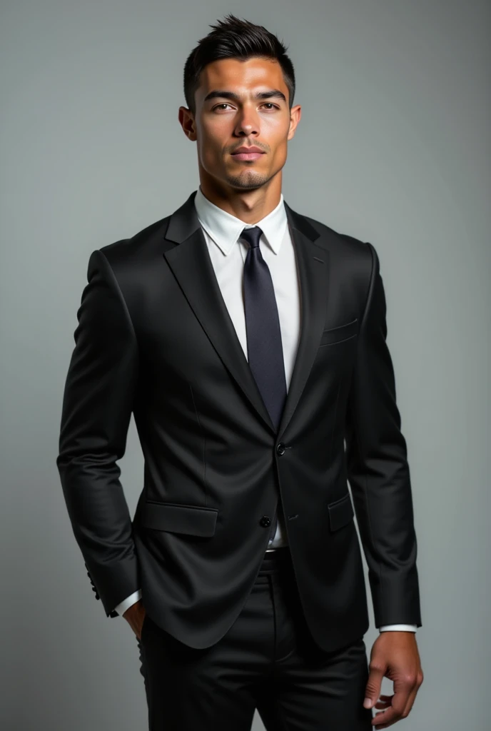 Ronaldo in a sleek black suit, standing upright, looking directly into the camera with a neutral or confident expression. Well-lit studio background, soft shadows, high-resolution focus on the face, symmetrical pose, no obstructions like glasses or hair covering the face, and minimal distractions in the background. Perfect for a face swap input.