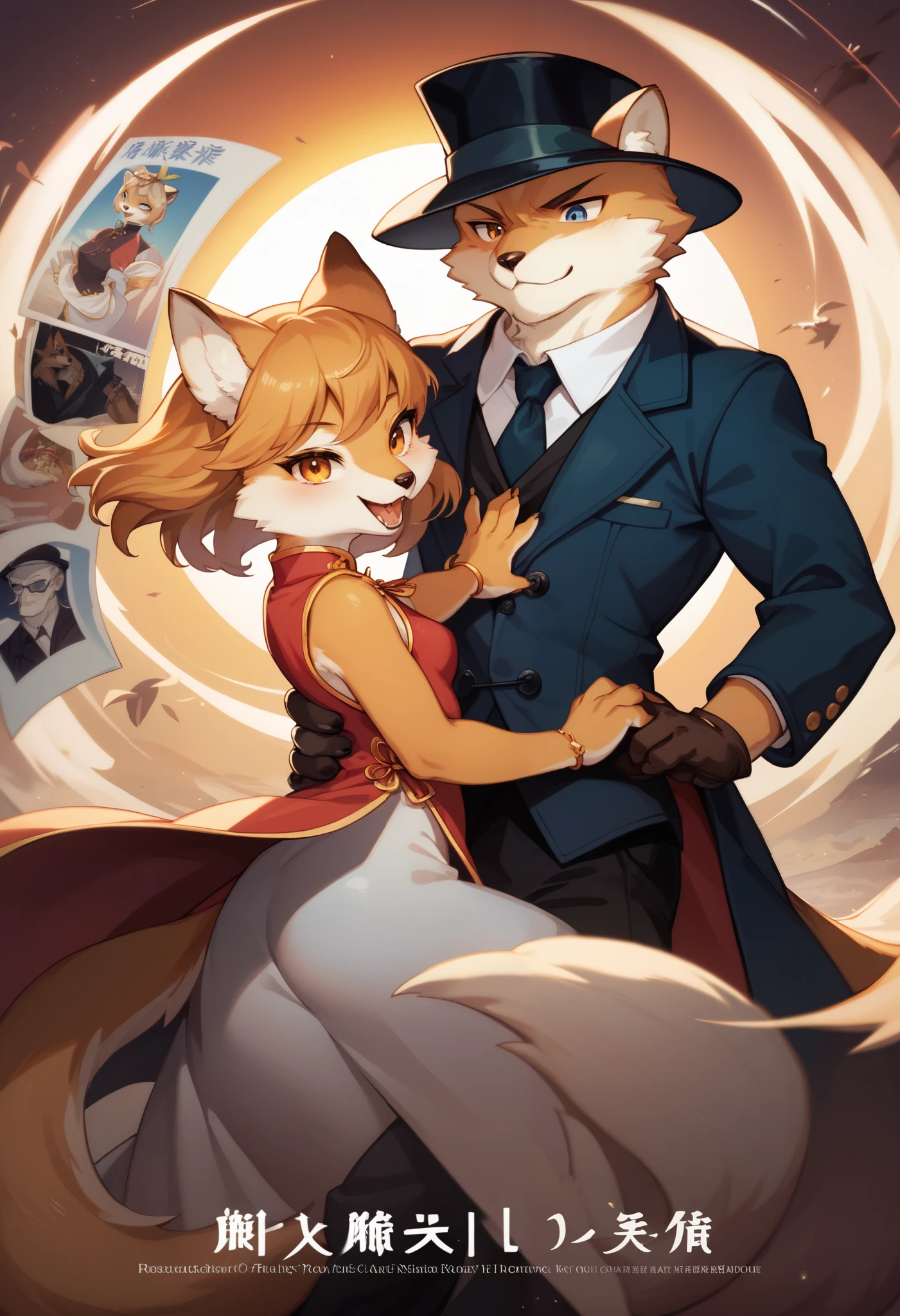 movie poster, movie artwork, concept art of love, romance novel cover, highres, top quality, best quality, perfect artwork, absurdres, perfect anatomy(couple, young 1male detective, 1woman in Chinese dress)(furry, kemono, anthro))with some elements of 007, battle,