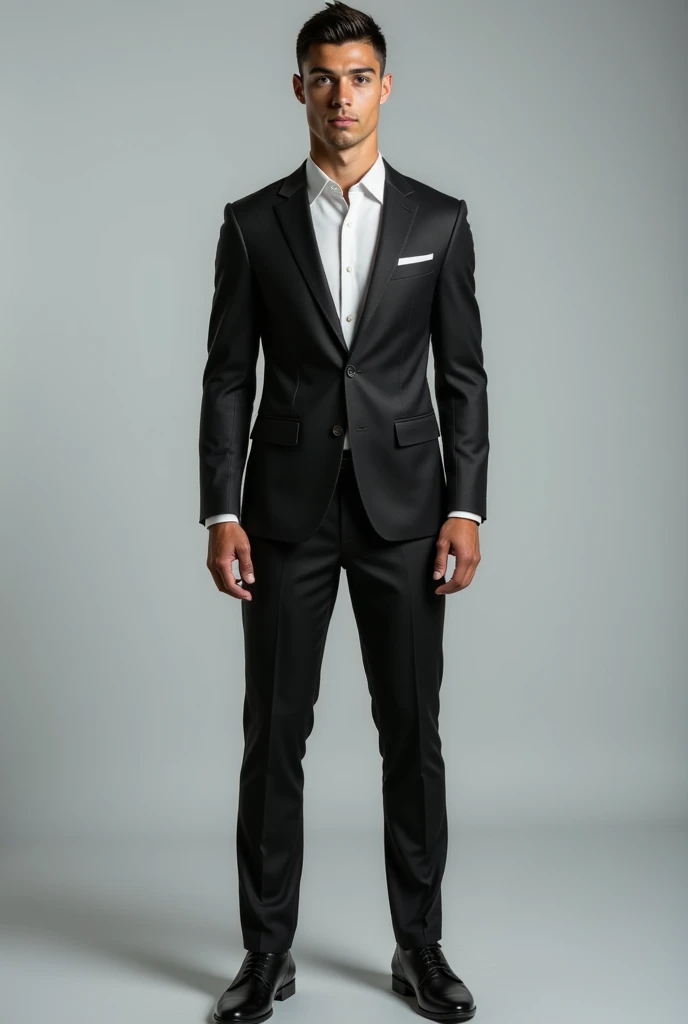 Ronaldo in a sleek black suit, standing upright, looking directly into the camera with a neutral or confident expression. Well-lit studio background, soft shadows, high-resolution focus on the face, symmetrical pose, no obstructions like glasses or hair covering the face, and minimal distractions in the background. Perfect for a face swap input.