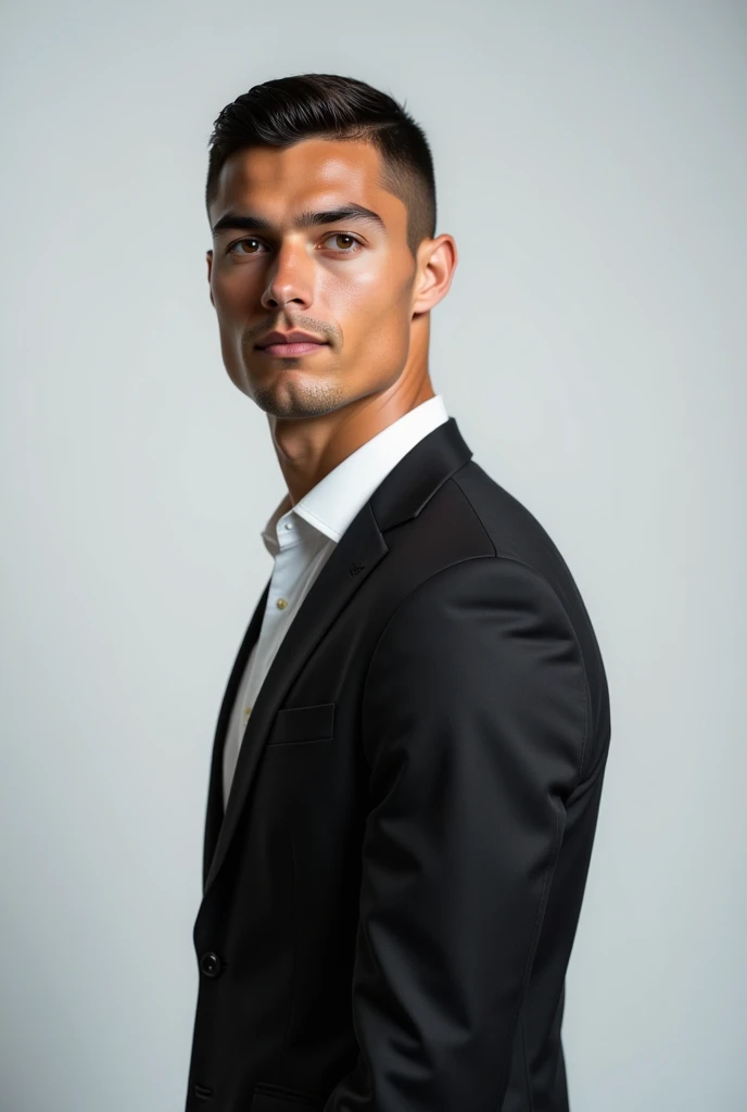 Ronaldo in a sleek black suit, standing upright, looking directly into the camera with a neutral or confident expression. Well-lit studio background, soft shadows, high-resolution focus on the face, symmetrical pose, no obstructions like glasses or hair covering the face, and minimal distractions in the background. Perfect for a face swap input.