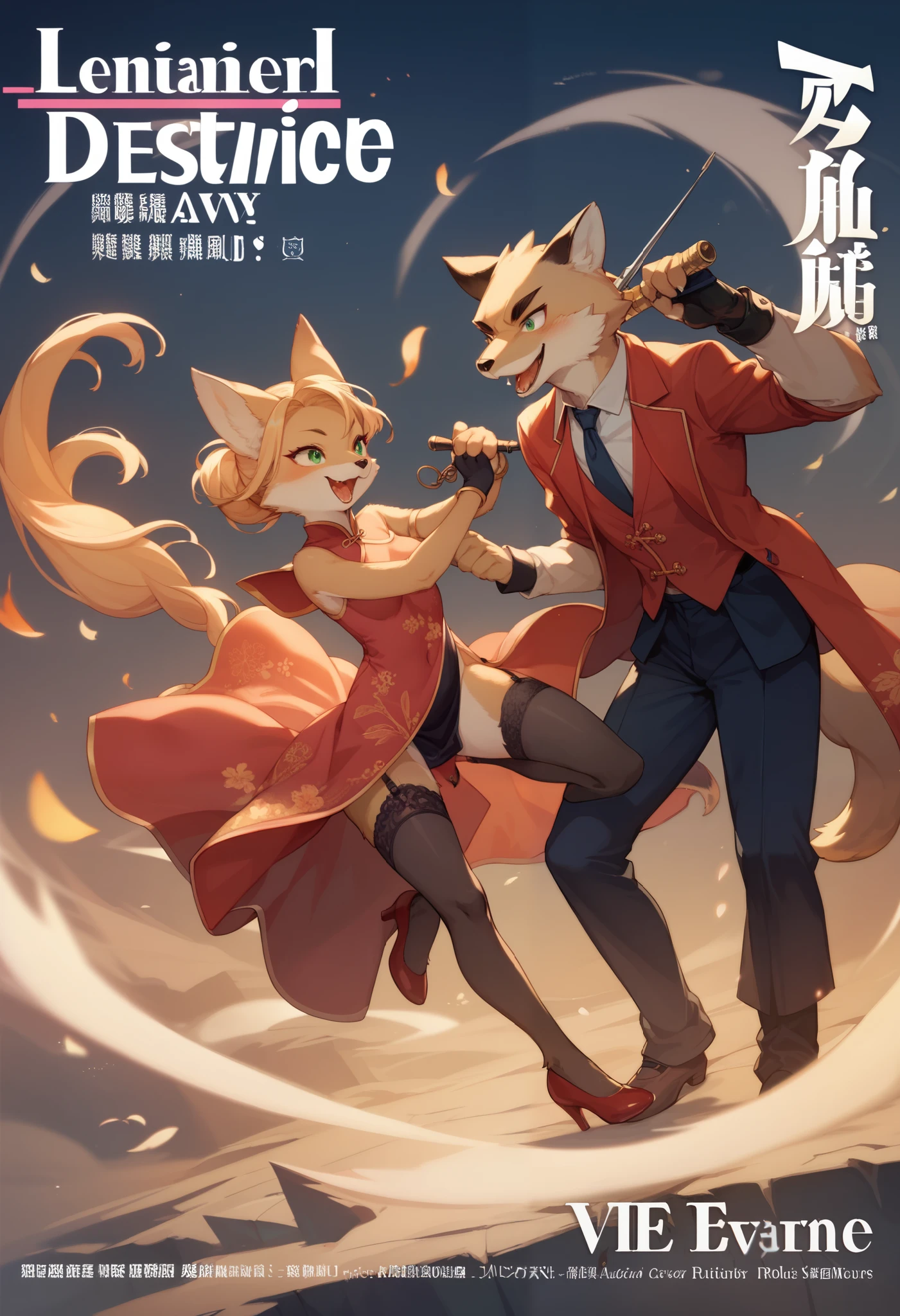 movie poster, movie artwork, concept art of love, romance novel cover, highres, top quality, best quality, perfect artwork, absurdres, perfect anatomy(couple, young 1male detective, 1woman in Chinese dress)(furry, kemono, anthro))with some elements of 007, battle,