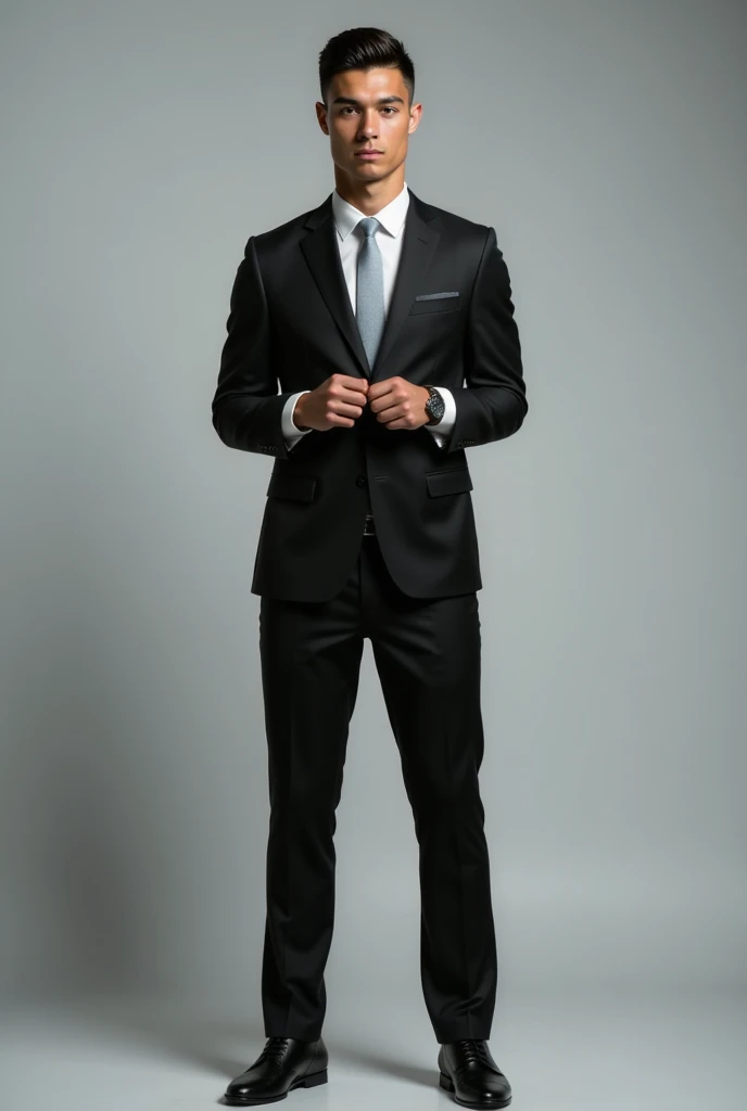 Ronaldo in a sleek black suit, standing upright, looking directly into the camera with a neutral or confident expression. Well-lit studio background, soft shadows, high-resolution focus on the face, symmetrical pose, no obstructions like glasses or hair covering the face, and minimal distractions in the background. Perfect for a face swap input.