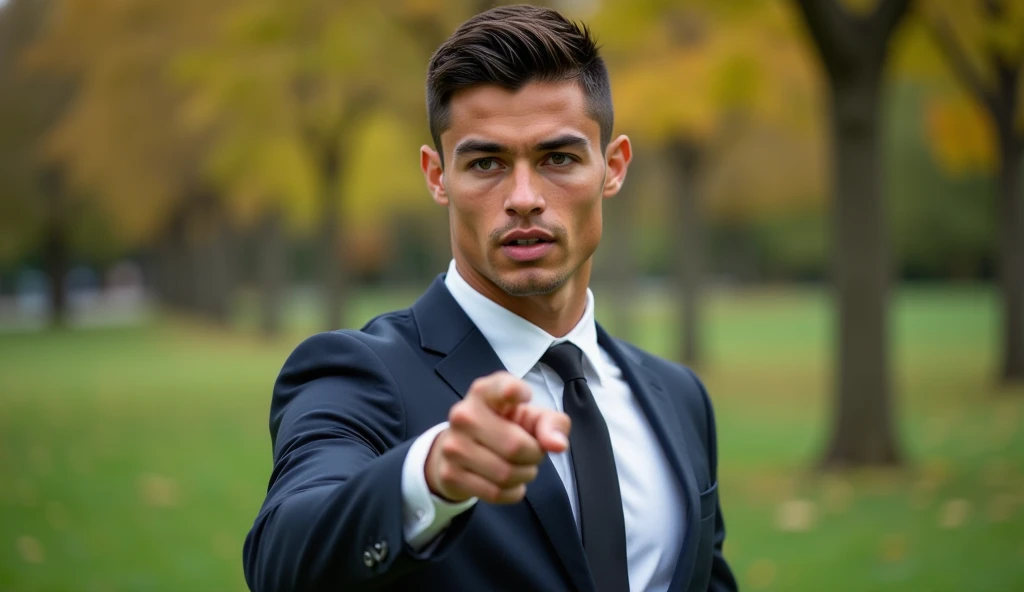 Full body portrait of Ronaldo in a suit, extremely detailed skin, pointing at viewer, in the park, shouting at viewer, blurred background.