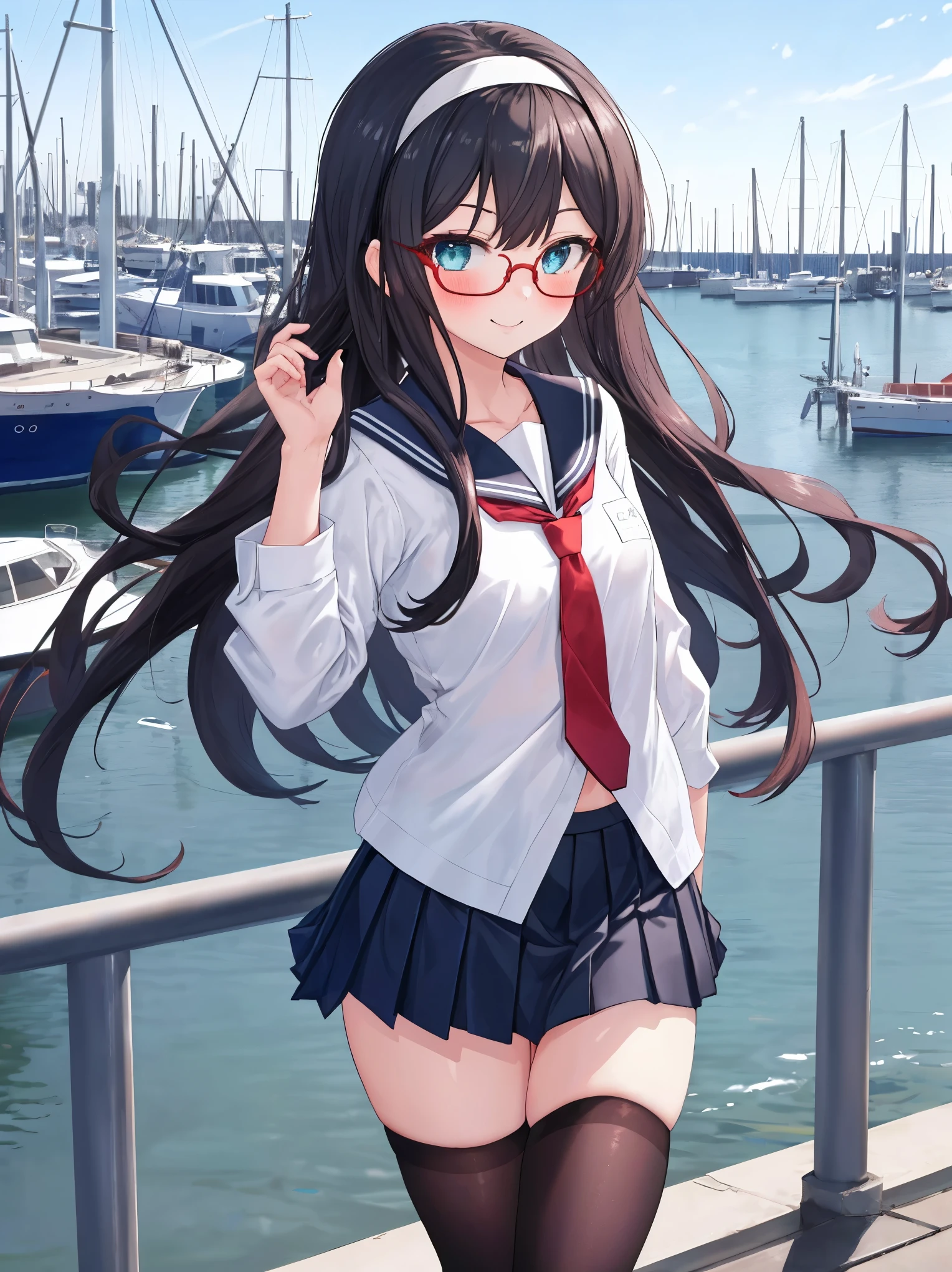 best quality, masterpiece, highres, solo, {ooyodo_kantaicollection:1.15}, black_hair, long_hair, glasses, hairband, semi-rimless_eyewear, under-rim_eyewear, blue_eyes, green_eyes, blush,small_breasts, 1girl, school_uniform, serafuku, pleats_skirt, looking_at_viewer, necktie, harbor_town_background, red_necktie,(angry:0.7),smile,,thigh-highs,solo