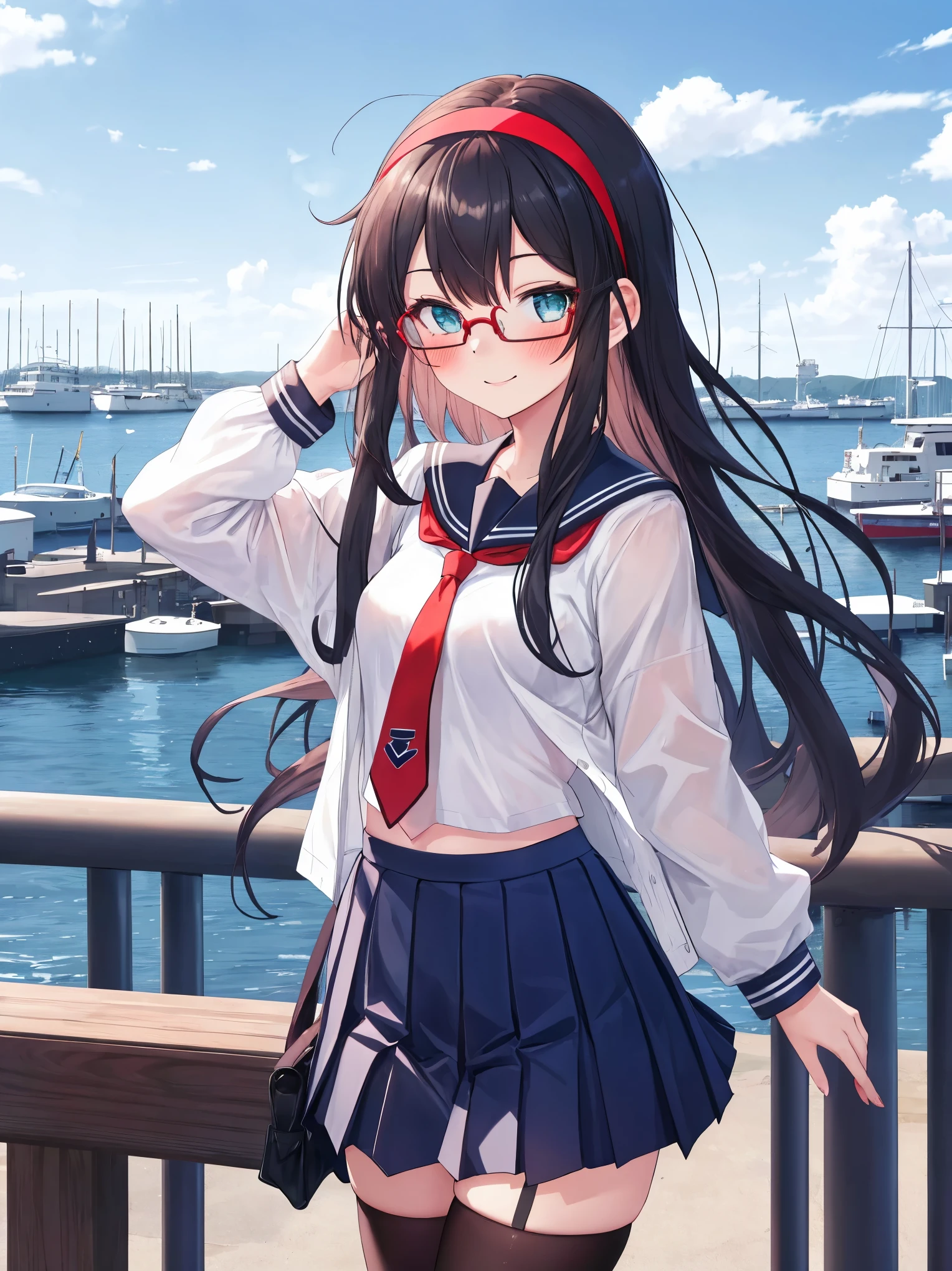 best quality, masterpiece, highres, solo, {ooyodo_kantaicollection:1.15}, black_hair, long_hair, glasses, hairband, semi-rimless_eyewear, under-rim_eyewear, blue_eyes, green_eyes, blush,small_breasts, 1girl, school_uniform, serafuku, pleats_skirt, looking_at_viewer, necktie, harbor_town_background, red_necktie,(angry:0.7),smile,,thigh-highs,solo