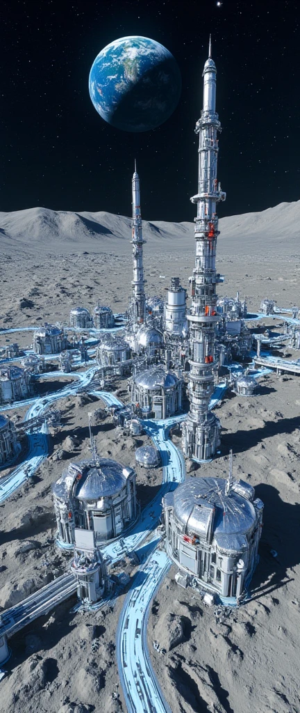 A grand panoramic view of a futuristic lunar base, sprawling across the rugged, cratered surface of the moon. The base is a marvel of engineering, with sleek metallic structures, towering observation domes, and interconnected corridors illuminated by a cold, bluish glow. Gigantic solar panels and communication arrays stretch towards the star-filled sky, while massive landing pads host advanced spacecraft. Robotic machines move efficiently along conveyor tracks, and luminous pipelines weave through the facility, emphasizing its mechanical sophistication. In the distance, Earth hangs in the sky, casting a faint glow over the scene. The composition captures the scale and intricacy of the base, blending awe-inspiring architecture with the stark beauty of the lunar landscape