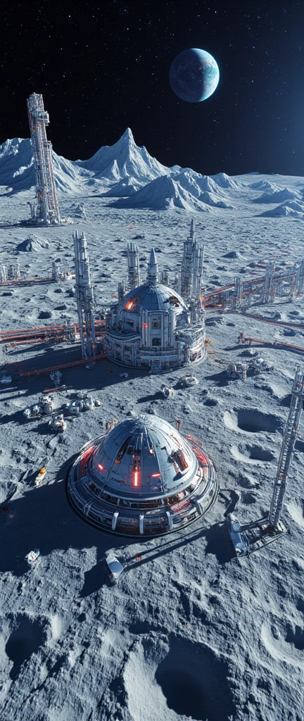 A grand panoramic view of a futuristic lunar base, sprawling across the rugged, cratered surface of the moon. The base is a marvel of engineering, with sleek metallic structures, towering observation domes, and interconnected corridors illuminated by a cold, bluish glow. Gigantic solar panels and communication arrays stretch towards the star-filled sky, while massive landing pads host advanced spacecraft. Robotic machines move efficiently along conveyor tracks, and luminous pipelines weave through the facility, emphasizing its mechanical sophistication. In the distance, Earth hangs in the sky, casting a faint glow over the scene. The composition captures the scale and intricacy of the base, blending awe-inspiring architecture with the stark beauty of the lunar landscape